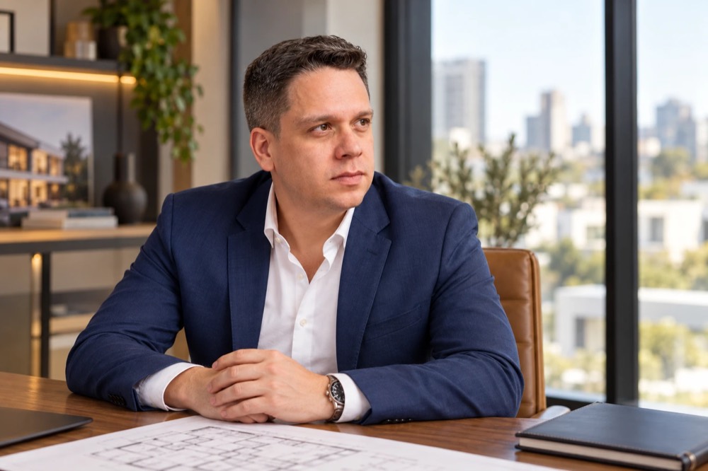 Felipe Lopes analisando a planta de um imóvel