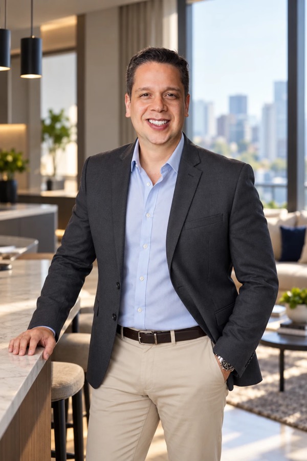 Felipe Lopes em pé, em um apartamento decorado